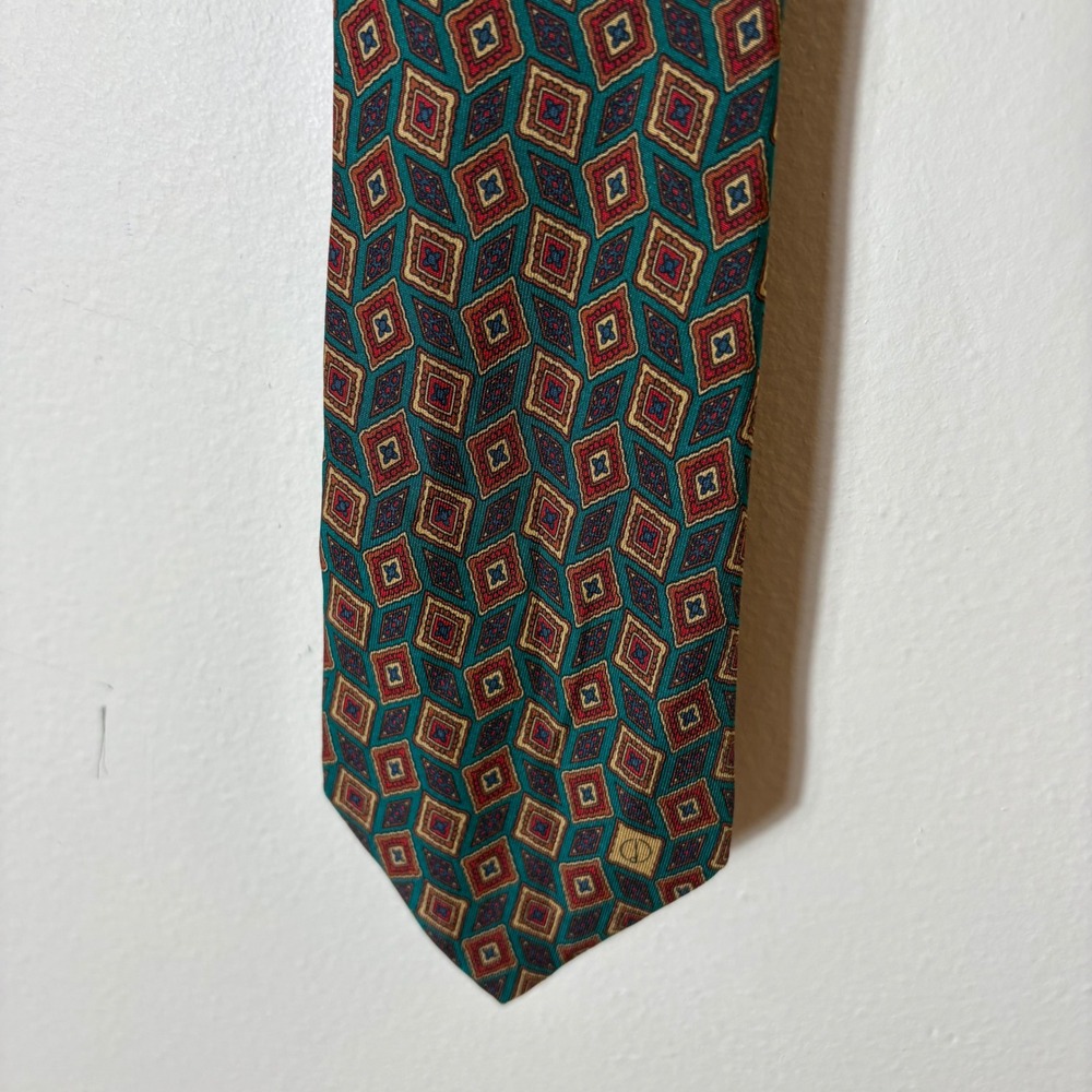 Dunhill Silk‎ Jacquard Diamond Pattern Men's Neck Tie Green Red Gold